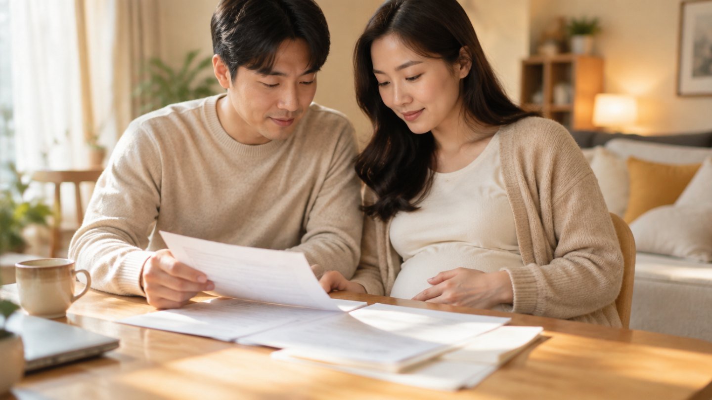태아보험 보장내용 서류를 살펴보는 한국인 예비 부모