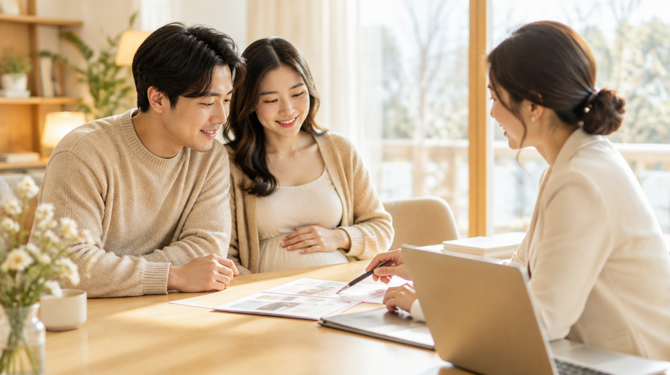 예비 부부가 상담사와 태아보험을 비교하는 모습