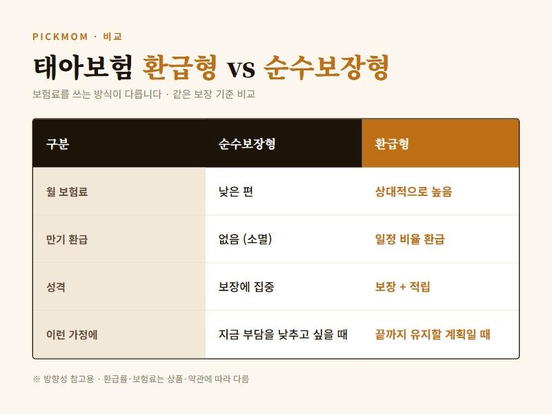 태아보험 환급형·순수보장형 월 보험료·만기 환급 비교표
